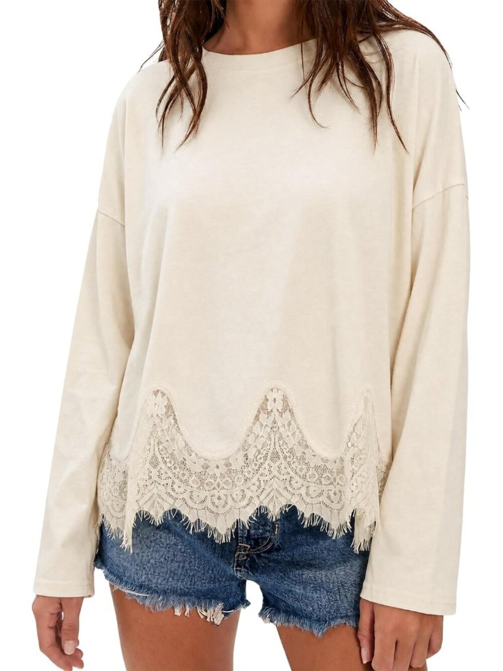 Versatile Women's Oversized Crew Neck Lace Trim Pullover for Everyday Wear